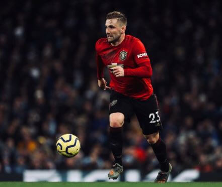 Luke Shaw on the field playing for his team.